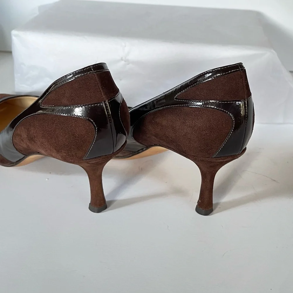 Jimmy Choo brown suede patent leather kitten heels 37.5
